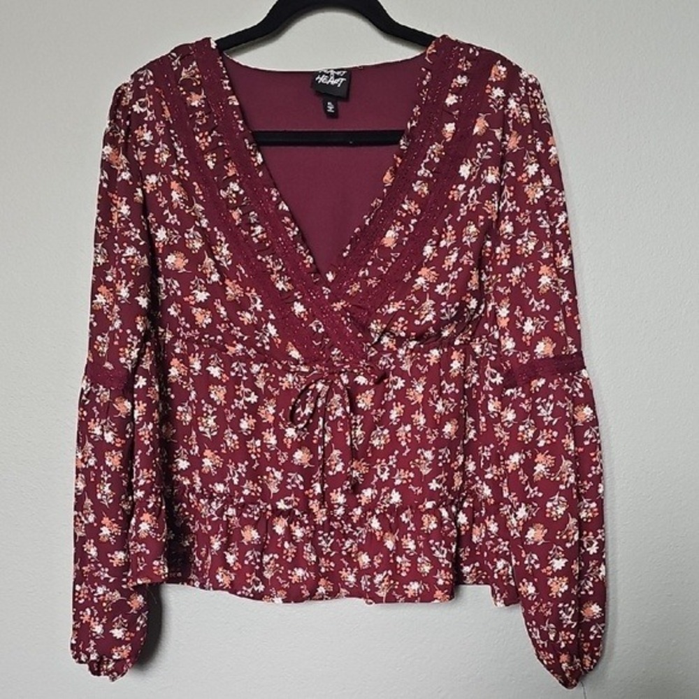 Planet Heart Romantic Date Night Floral Burgundy Peasant Top XL